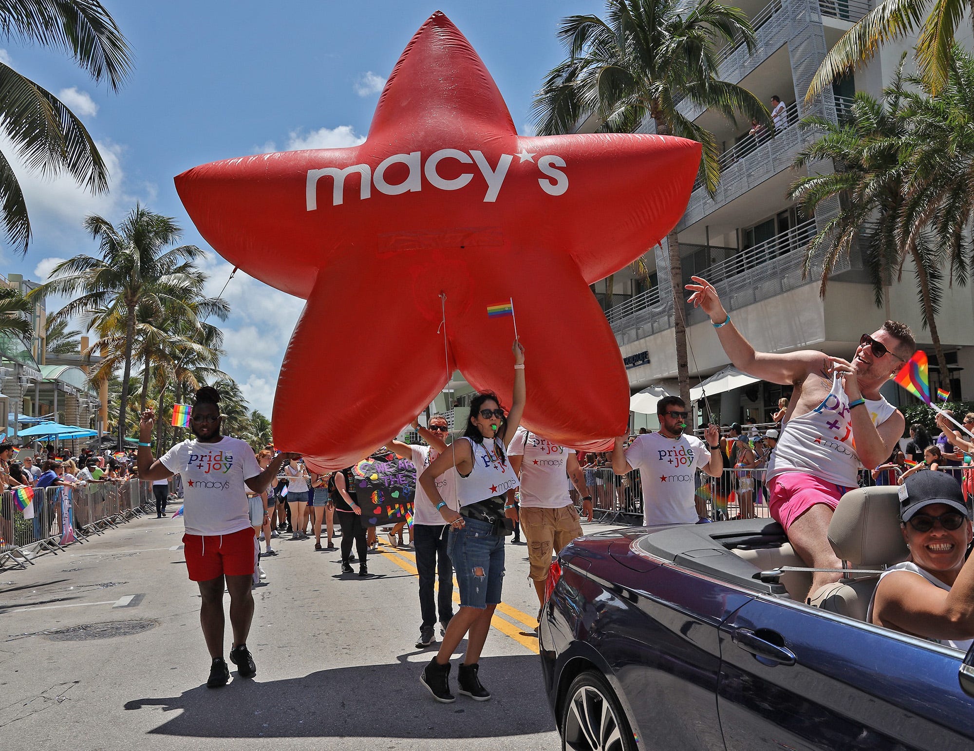 Macy's celebrates gay pride with its large trademark star while parading down Ocean Drive. Miami Beach held its 11th annual LGBT
