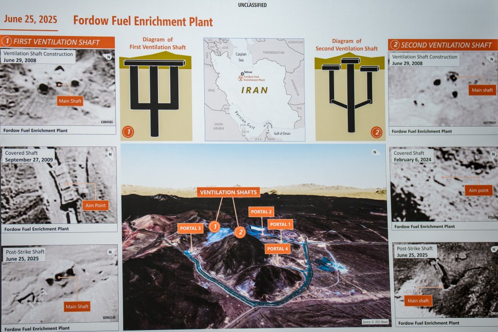 Illustration of the Fordow Fuel Enrichment Plant before and after a strike, showing ventilation shafts.
