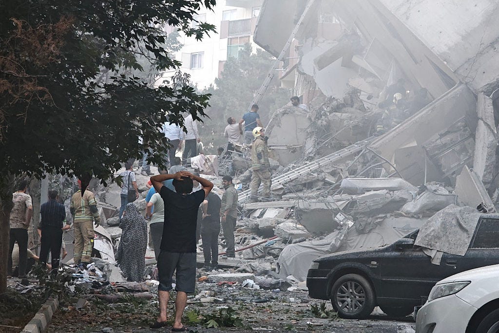 Damage to buildings in Nobonyad Square in Iran following Israeli airstrikes.