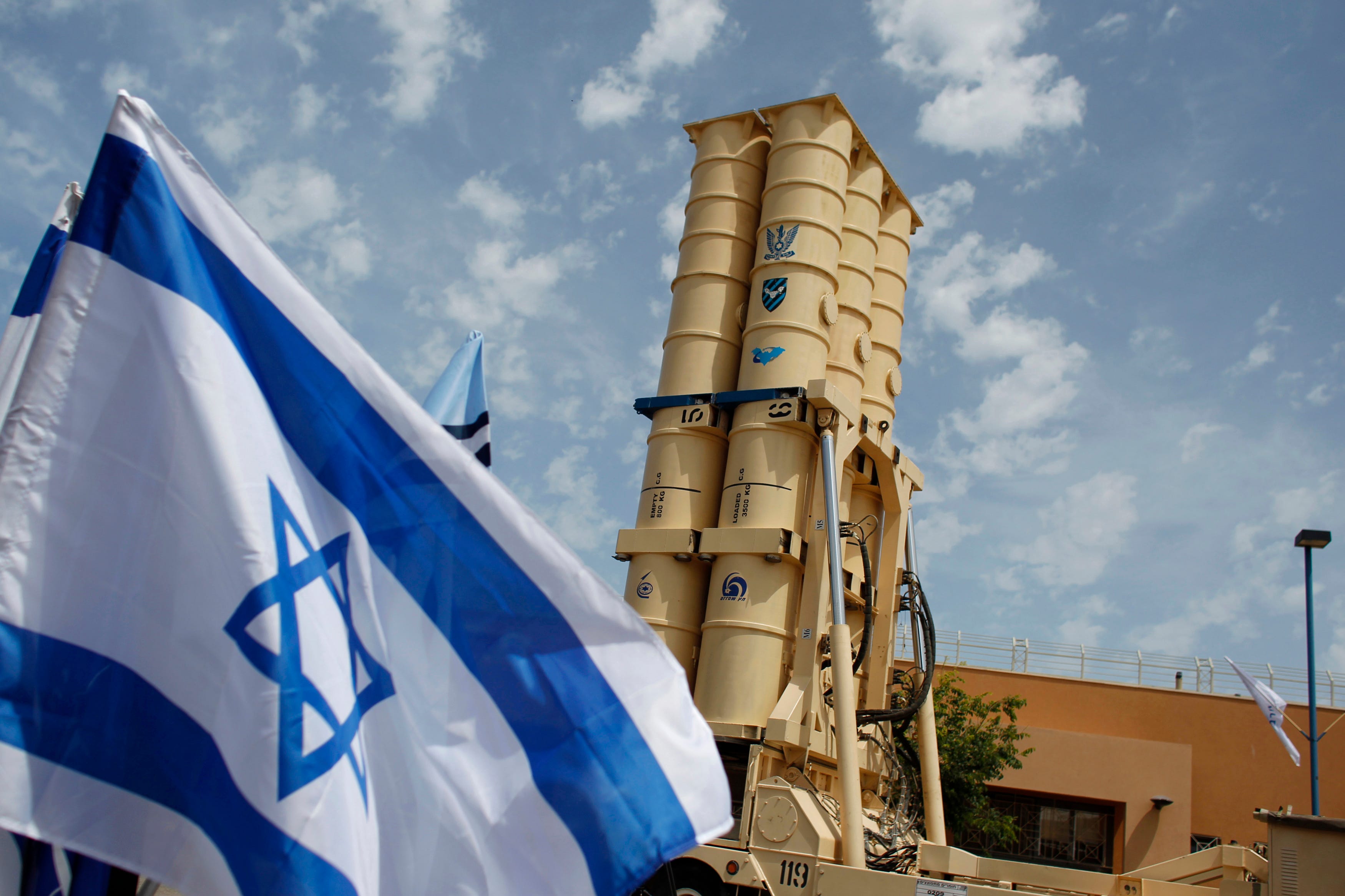 An Arrow II missile interceptor is displayed in front of journalists at an Israeli air defence command in the Palmahim military base south of Tel Aviv, May 12, 2011.