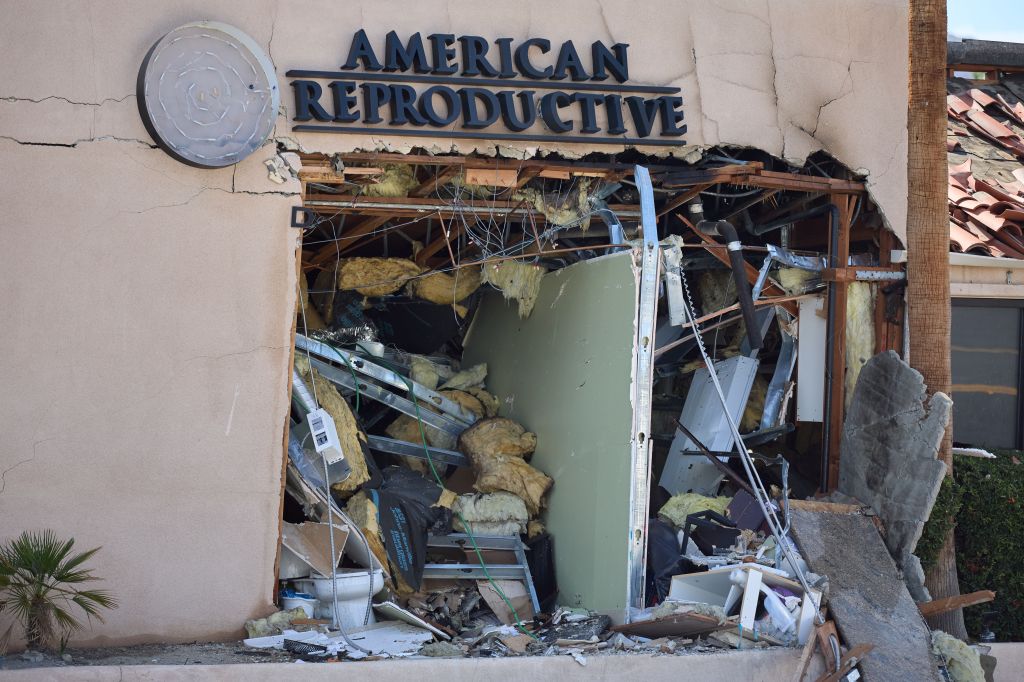 Damage to the American Reproductive Centers office in Palm Springs, CA, following an explosion.