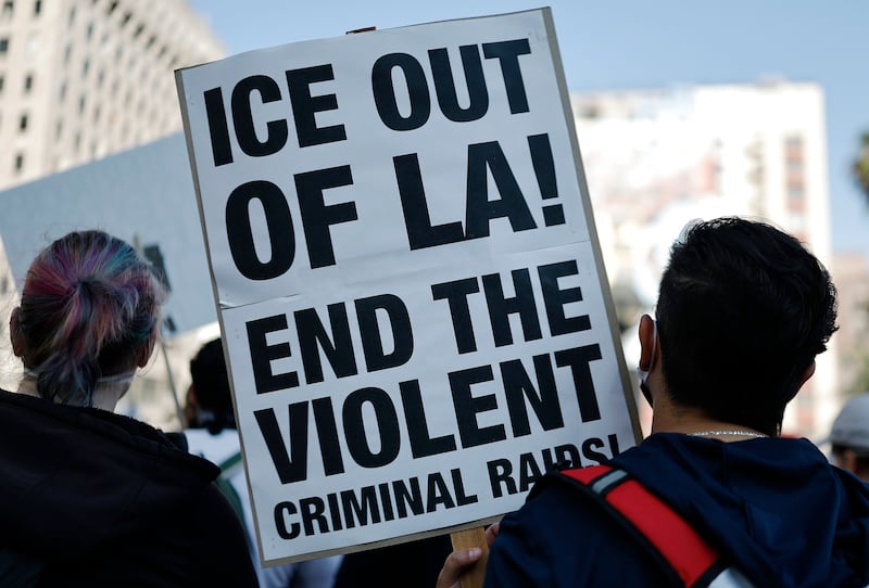 LOS ANGELES, CALIFORNIA - JUNE 11: Protesters demonstrate before marching downtown as protests against ICE immigration raids continue in the city on June 11, 2025 in Los Angeles, California. Tensions in the city remain high with daily protests after the Trump administration called in the National Guard and the Marines against the wishes of Gov. Gavin Newsom and city leaders. (Photo by Mario Tama/Getty Images)