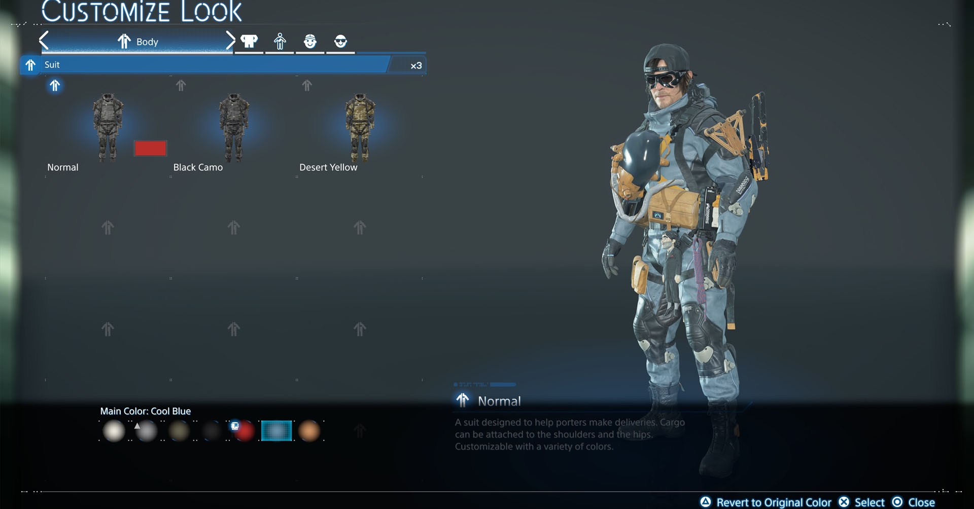 A Death Stranding 2 screenshot showing the Customize Look meny where you can see the suits you have and the colors you can paint the normal suit.