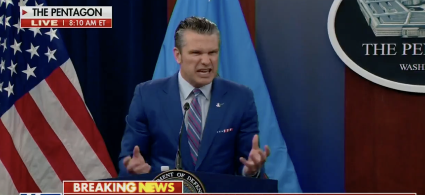In this screenshot from the Fox broadcast, Defense Secretary Pete Hegseth speaks at a Pentagon press conference on June 26, 2025.
