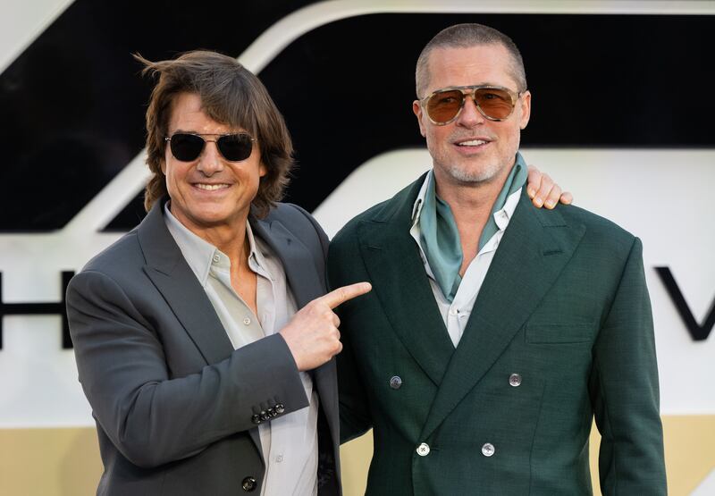 LONDON, ENGLAND - JUNE 23: Tom Cruise and Brad Pitt attend the "F1: The Movie" European Premiere at Cineworld Leicester Square on June 23, 2025 in London, England. (Photo by Samir Hussein/WireImage)