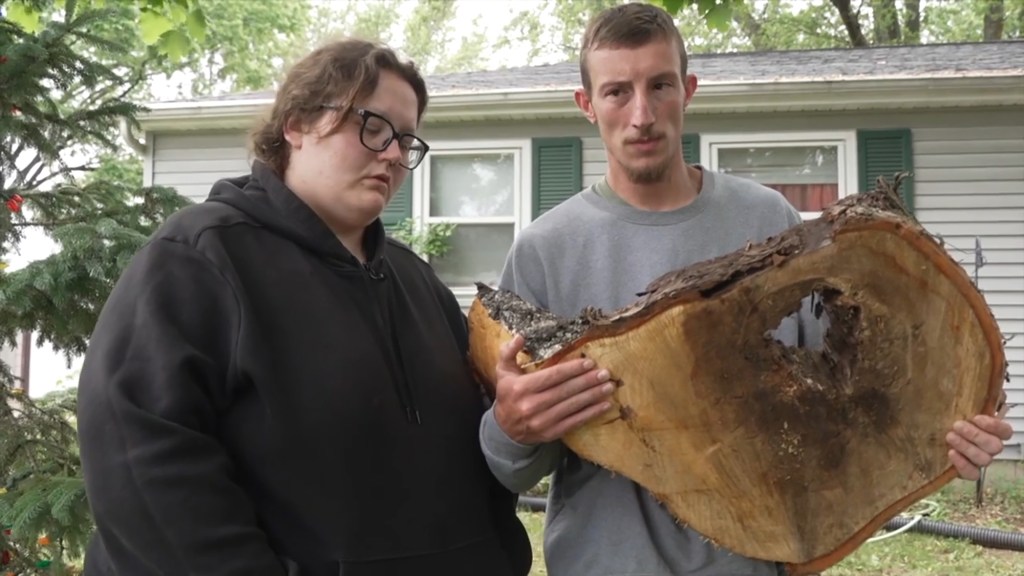 Parents holding a large piece of wood from a tree that fell on their daughter.
