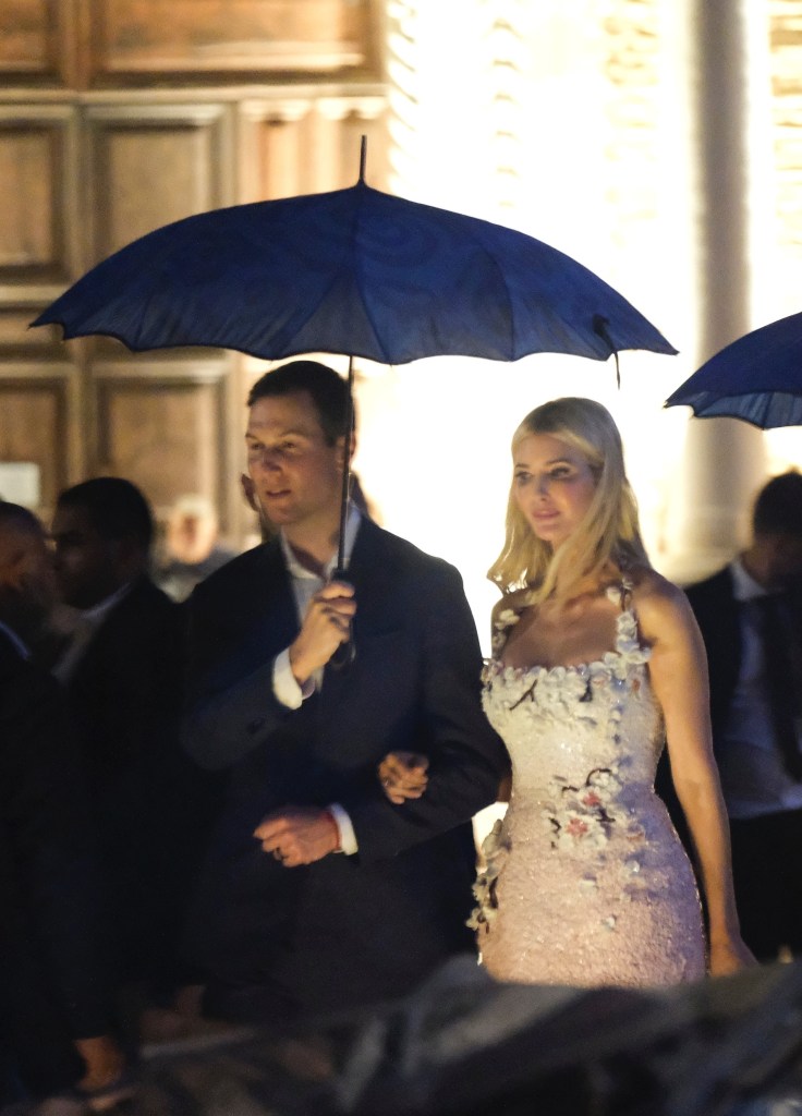 Ivanka Trump and Jared Kushner are seen braving the rain as they leave Jeff Bezos and Lauren Sanchez's pre-wedding party