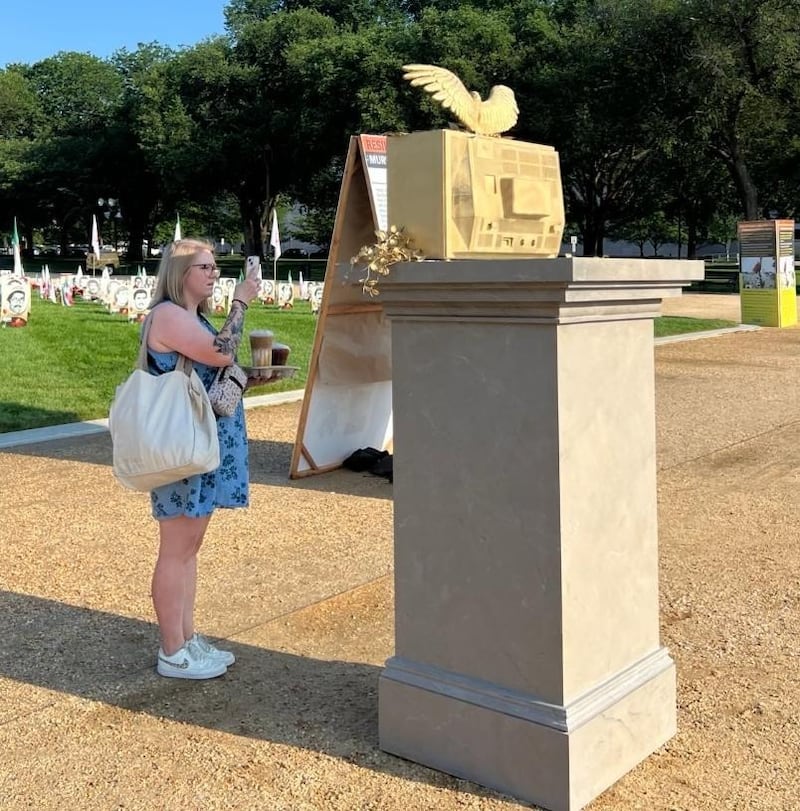 Tourist enjoying mystery art installation