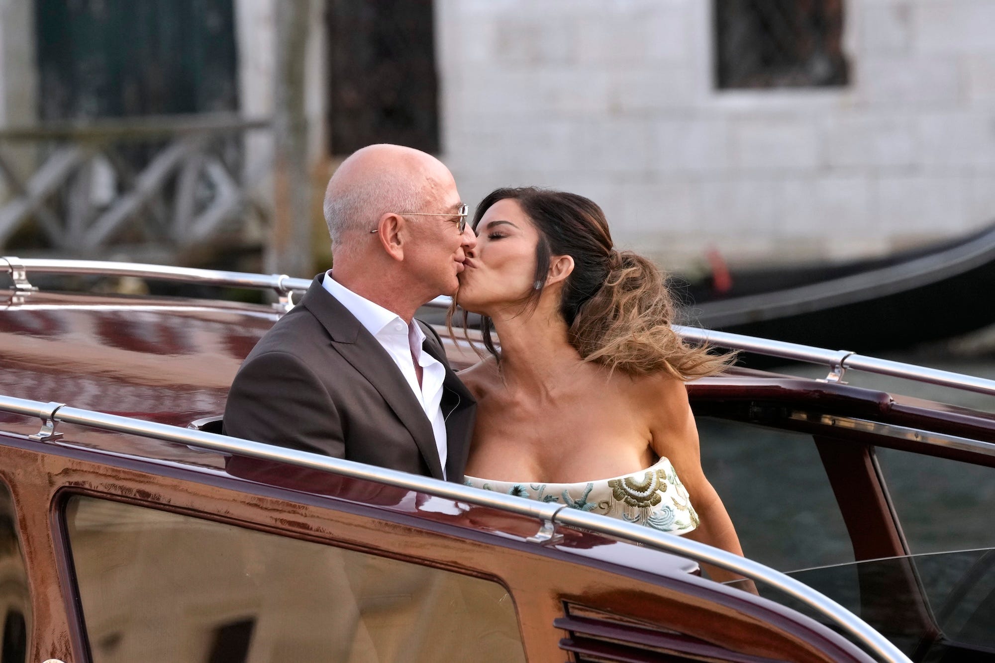 Jeff Bezos and Lauren Sánchez on their way to a wedding event in June 2025.