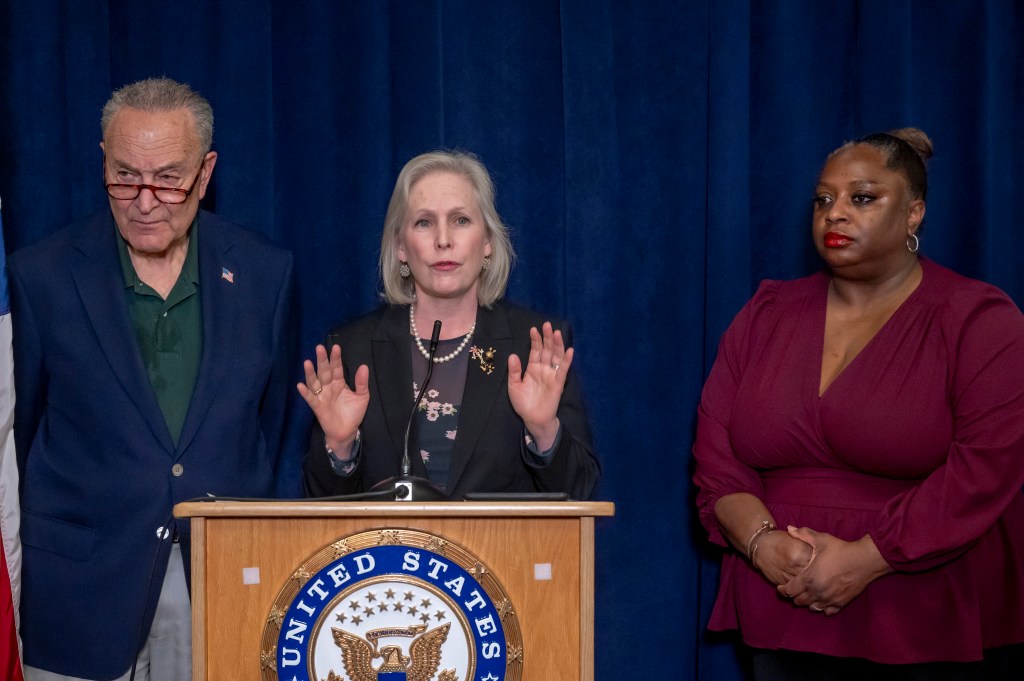 Senators Schumer and Gillibrand and a World Trade Center Health Program participant speak at a press conference.