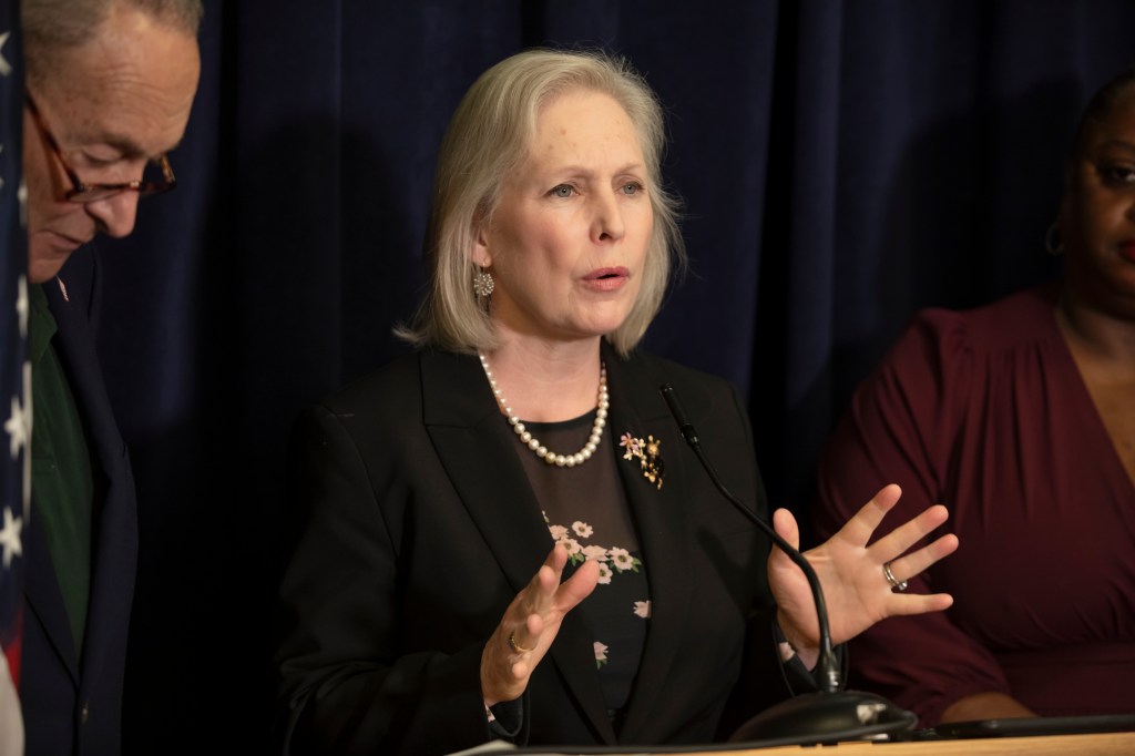 Senators Chuck Schumer and Kirsten Gillibrand speak at a press conference with Mariama James.