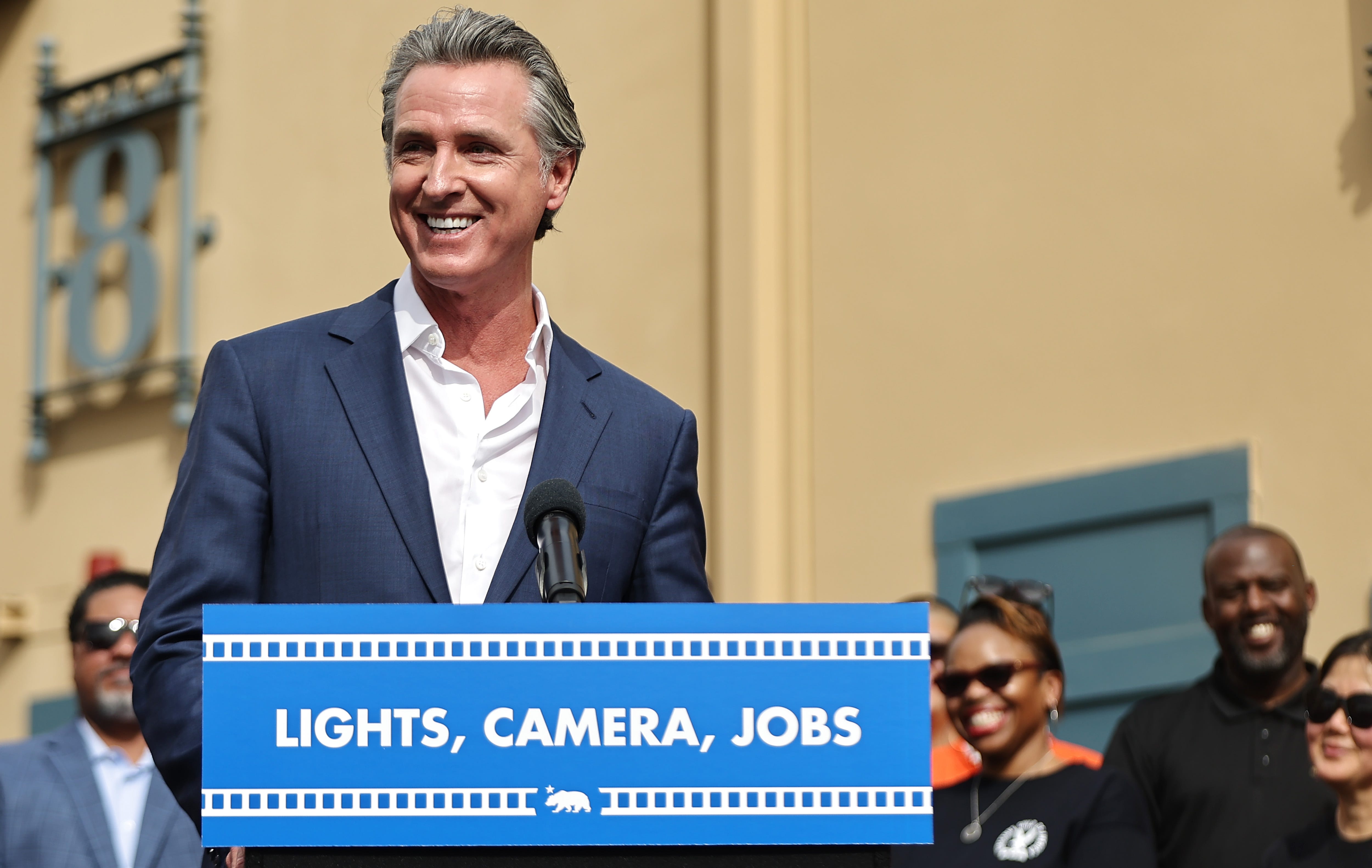California Governor Gavin Newsom speaks during a press conference at Raleigh Studios unveiling a vast expansion of California's Film and Television Credit Program on October 27, 2024 in Los Angeles, California.