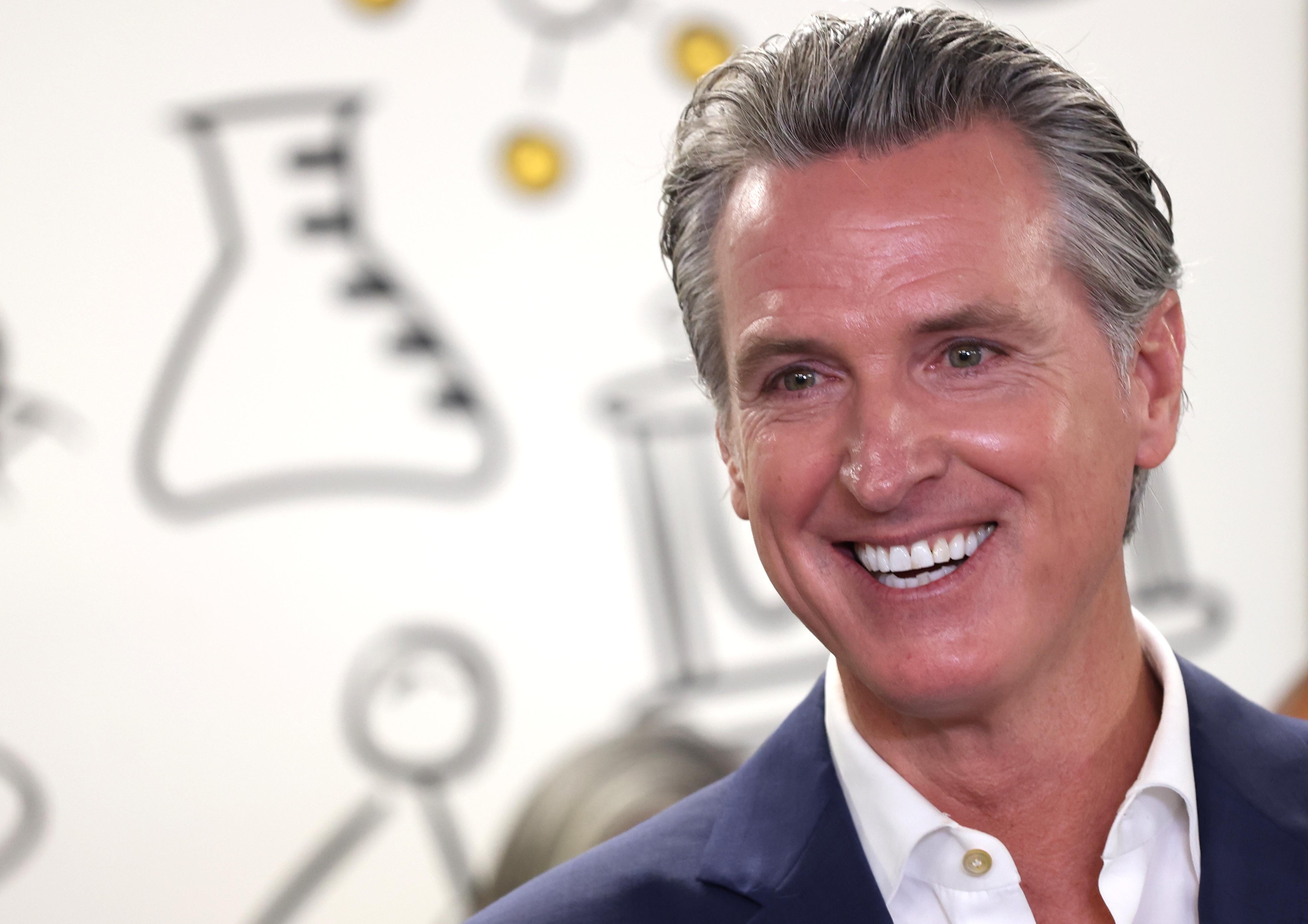 An upbeat California Governor Gavin Newsom smiles after presenting his Golden State Literacy Plan at Clinton Elementary School in Compton on June 5, 2025.