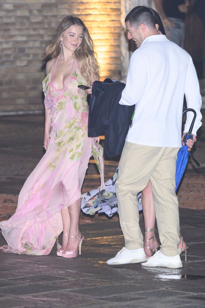 Sydney Sweeney in a floral dress and Lauren Sánchez and Jeff Bezos' wedding welcome party