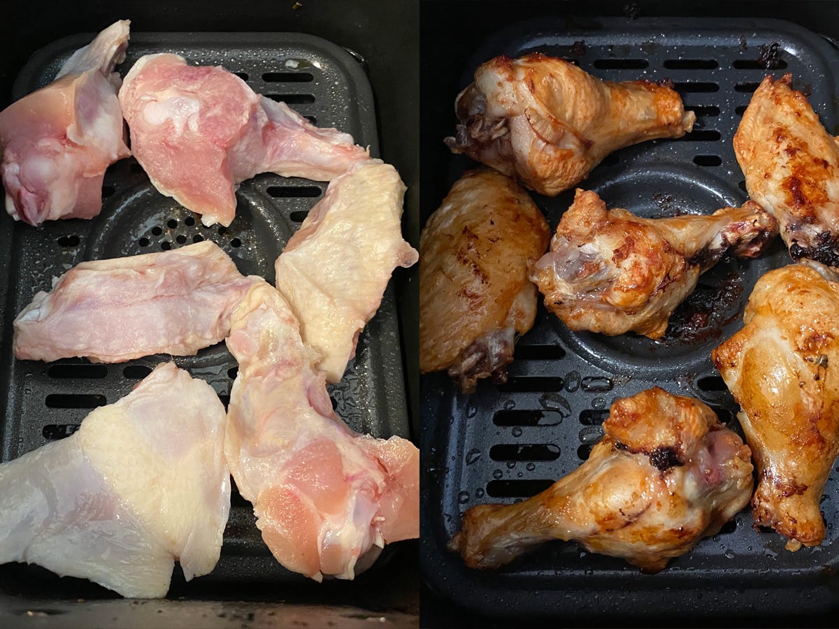 A photo of raw chicken wings in an air-fryer basket next to a photo of cooked chicken wings in an air-fryer basket.
