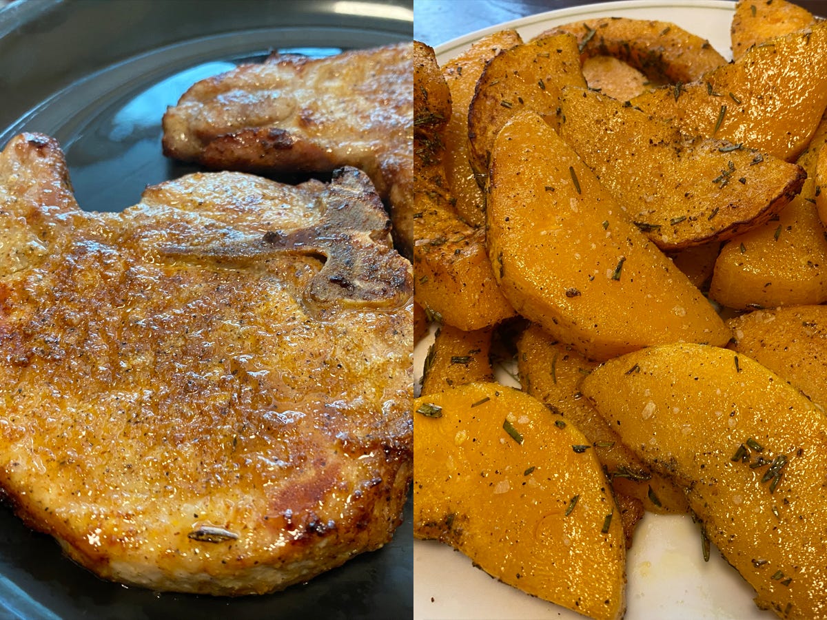 A photo of cooled pork chops next to a plate of cooked butternut squash