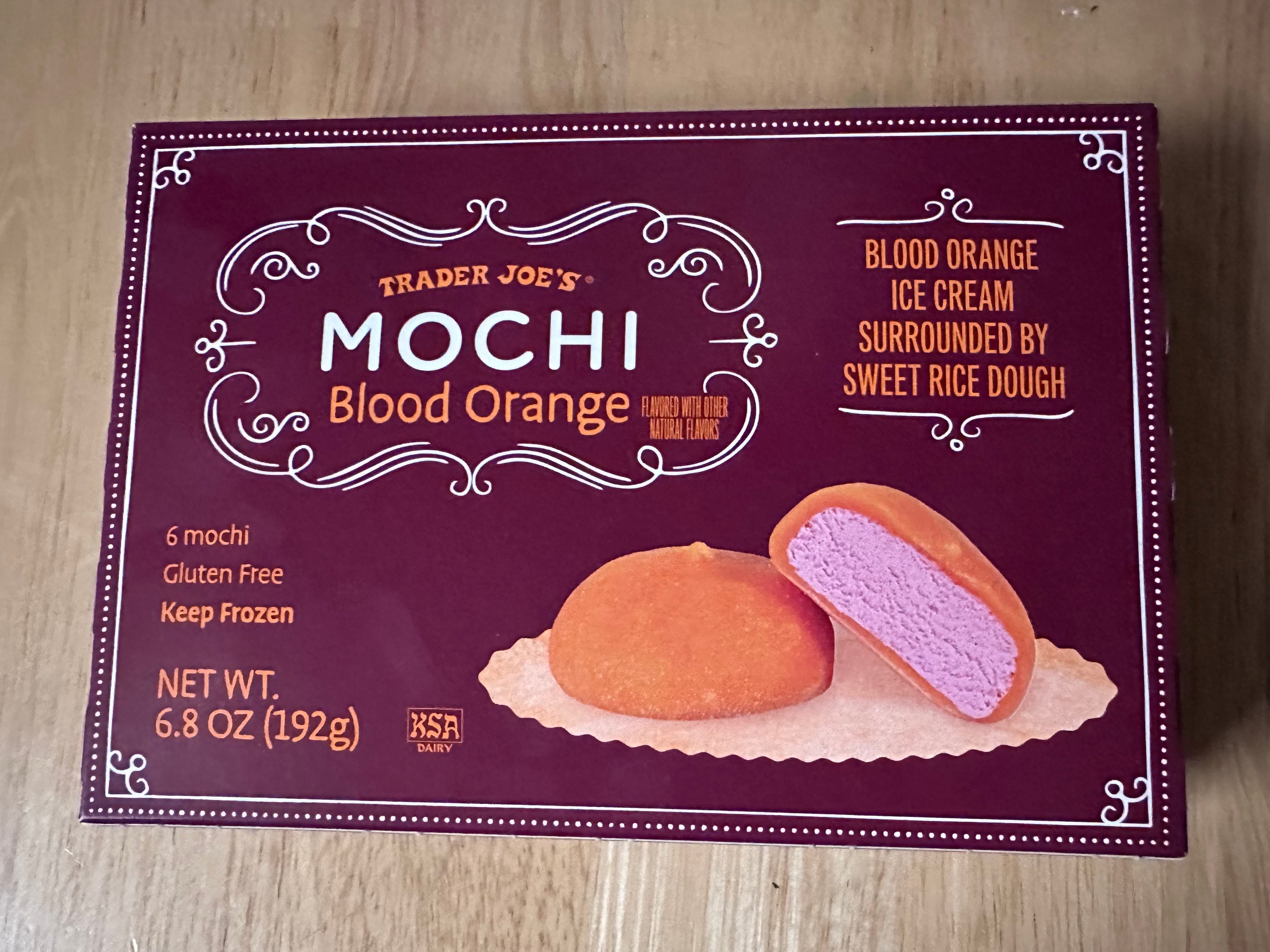 A box of Trader Joe's blood orange mochi.