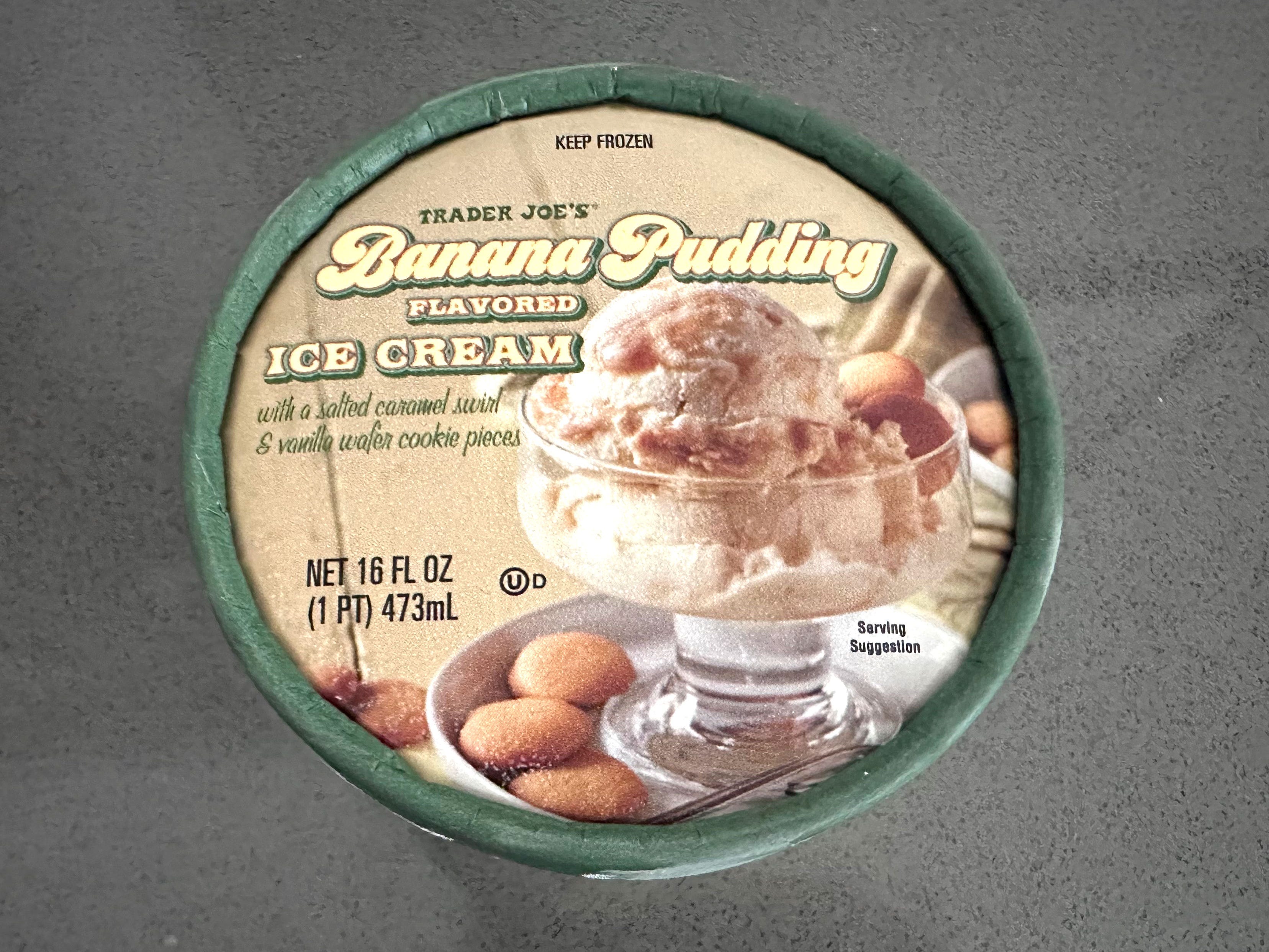 A carton of Trader Joe's banana-pudding flavored ice cream.