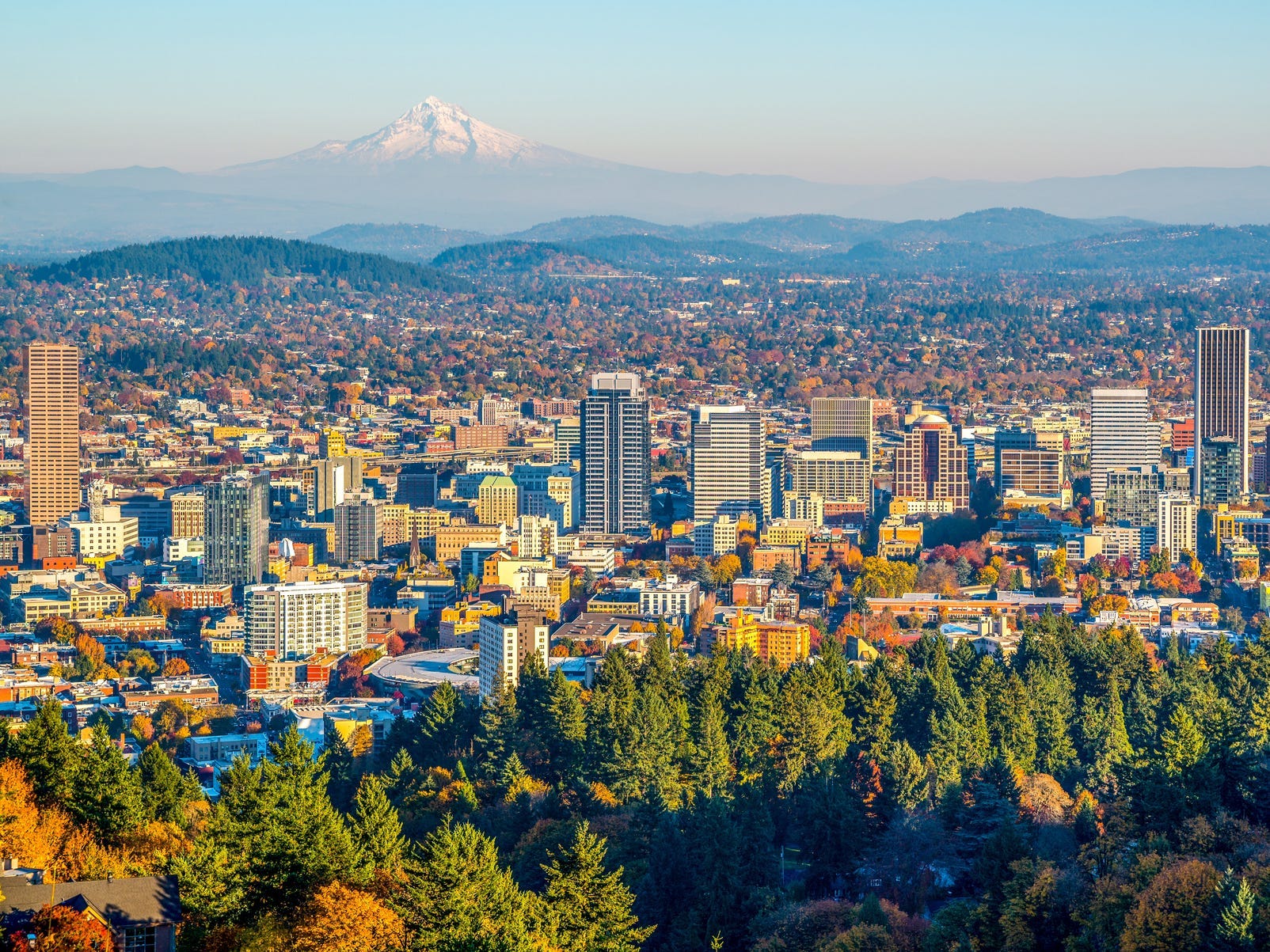 The skyline of Portland, Oregon, with mountains in the distance.