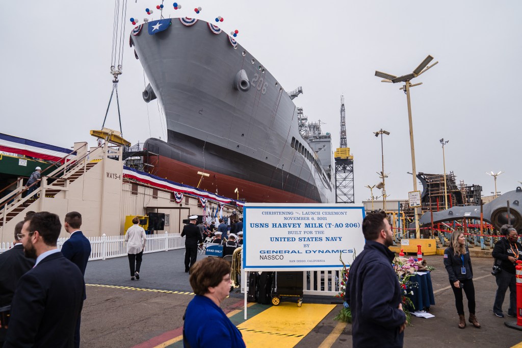 USNS Harvey Milk at General Dynamics NASSCO shipyard during the christening and launch ceremony for the ship in San Diego, California on November 6, 2021.