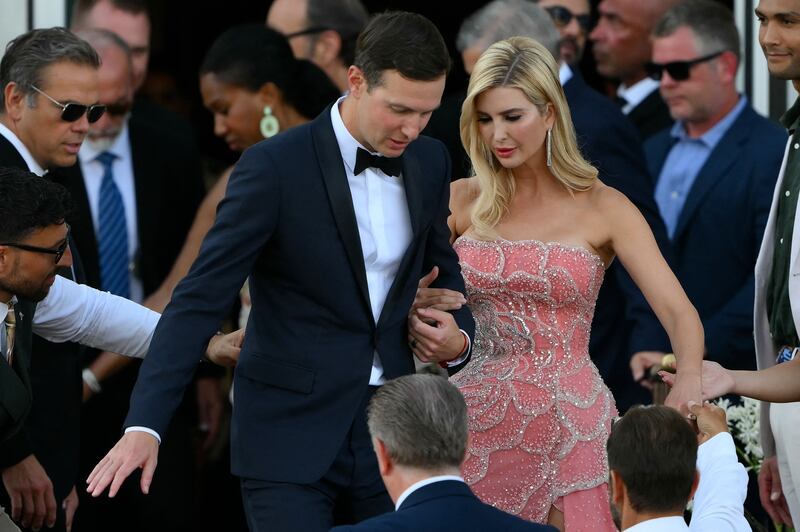 Jared Kushner and his wife, Ivanka Trump, leave the St. Regis Hotel on the wedding day of Amazon founder Jeff Bezos and former journalist Lauren Sanchez.