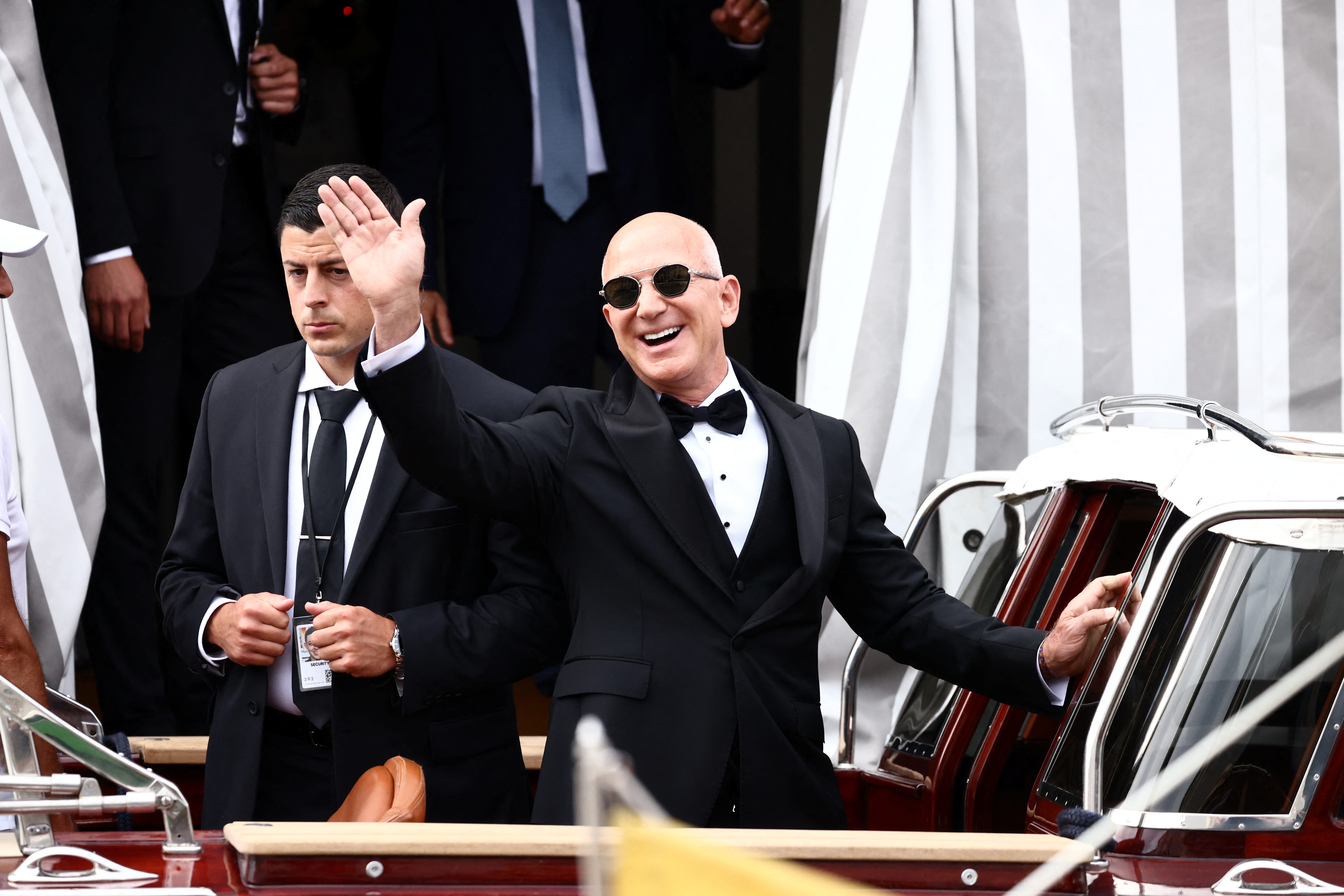 Jeff Bezos boards a water taxi ahead of his wedding in Venice.