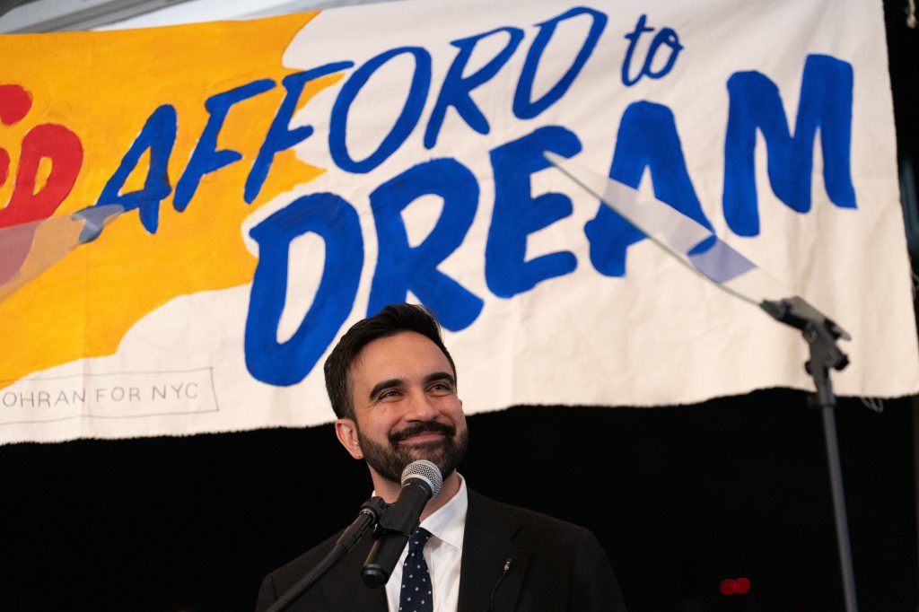 Zohran Mamdani speaking at an election night party.