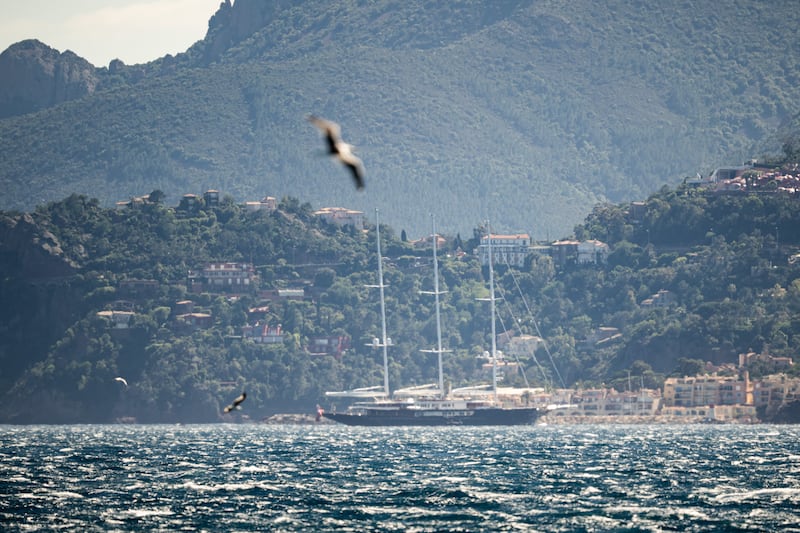 CANNES, FRANCE - MAY 22: The Koru yacht owned by Amazon founder Jeff Bezos is seen moored in Théoule-sur-Mer on May 22, 2025 in Cannes, France. Accroding to reports Jeff Bezos will marry Lauren Sánchez in Venice, Italy in June. (Photo by Thomas Kronsteiner/Getty Images)