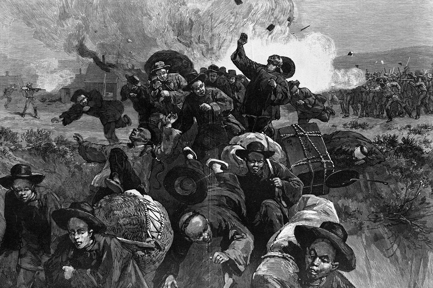 A drawing shows a melee of white miners attacking Chinese workers.