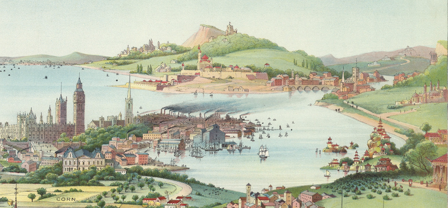 An archival map shows London's Westminster on the edge of a sea or lake with other small towns scattered around it in architectural styles from around the world, including Islamic mosques, East Asian pagodas, a castle on a hill, and others