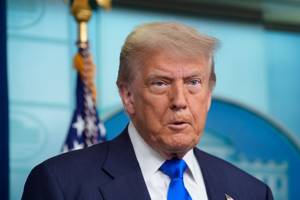 President Donald Trump at a press briefing.