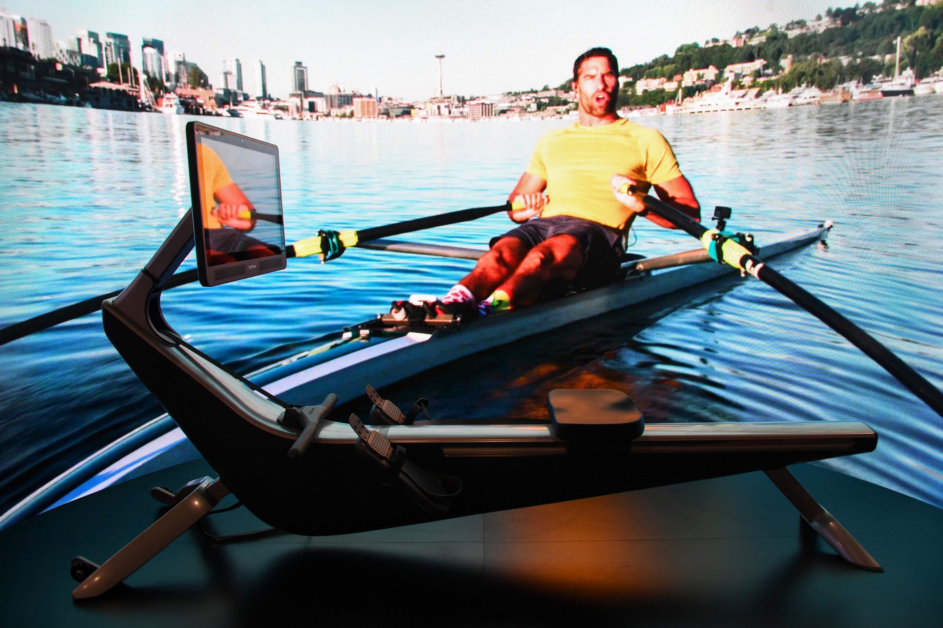 A hydro rowing machine.