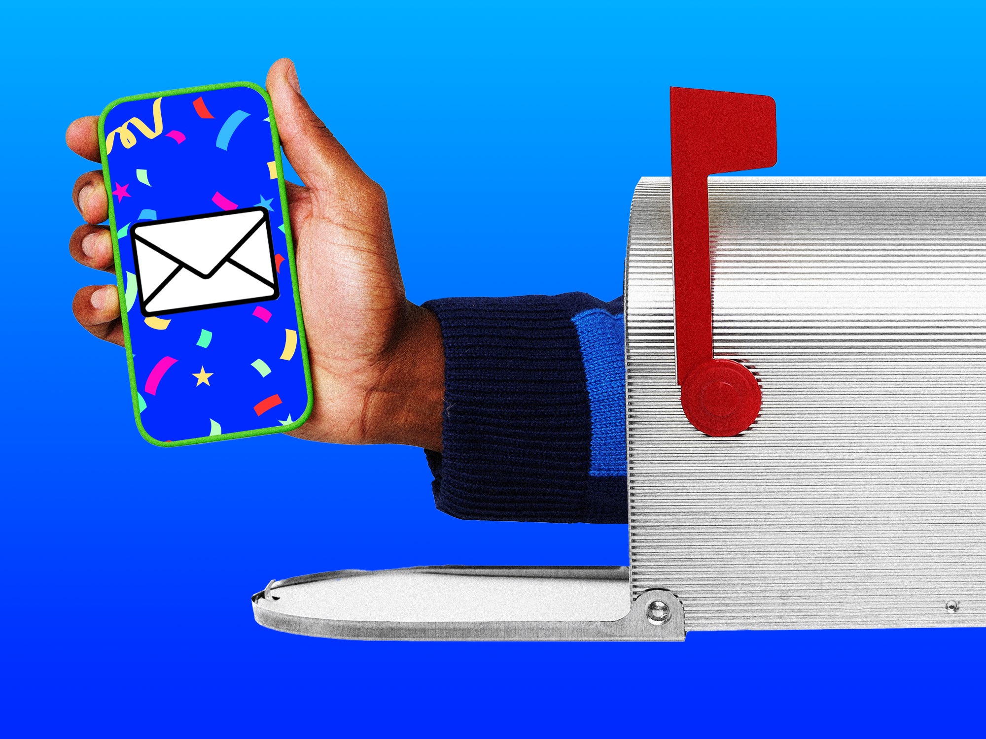 A hand coming out of a mailbox holding a phone with an E-vite on it
