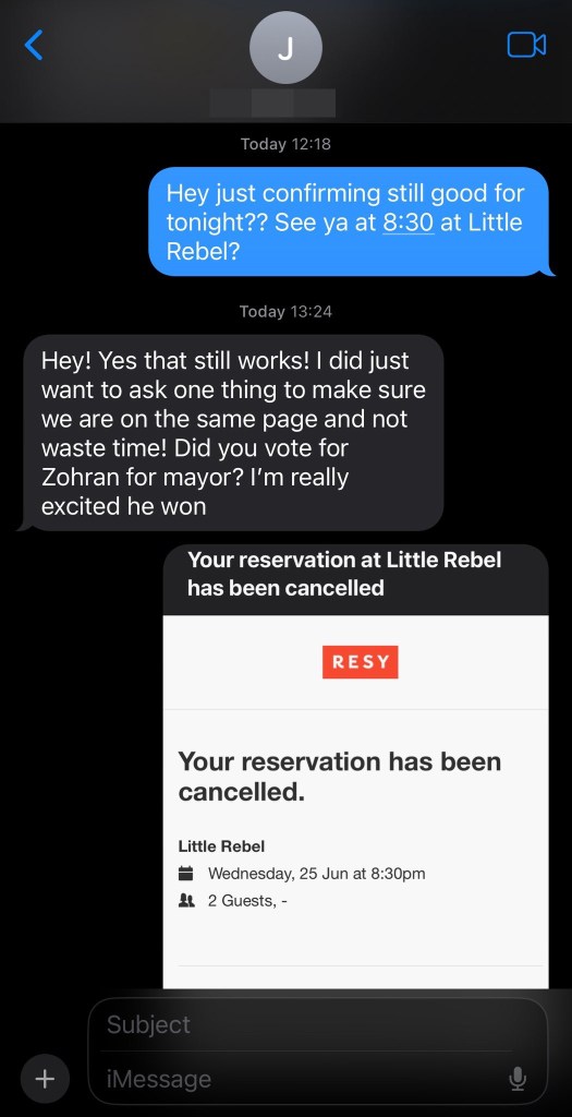 Screenshot of text messages showing a restaurant reservation cancellation; the cancellation is linked to a political question.