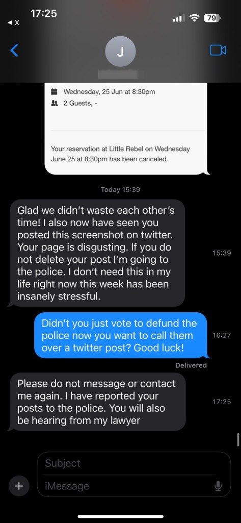 Screenshot of an iMessage conversation showing a restaurant reservation cancellation and subsequent angry messages.