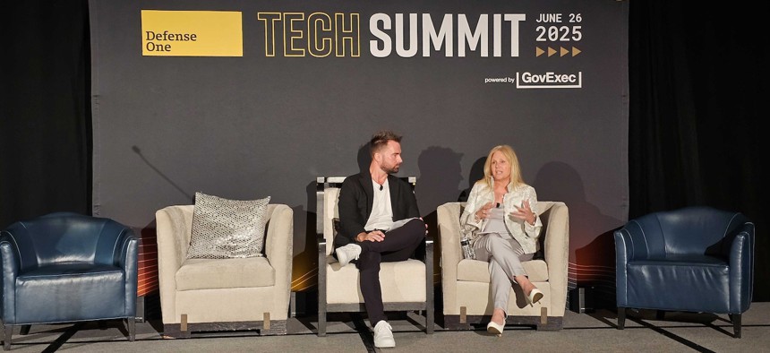 Frank Konkel, editor-in-chief of GovExec, interviews Leslie Beavers, the Pentagon’s principal deputy chief information officer, during the Defense One Tech Summit. 