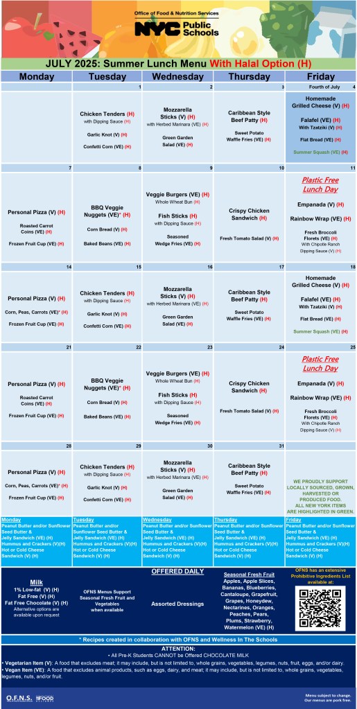 July 2025 NYC public school summer lunch menu with halal options