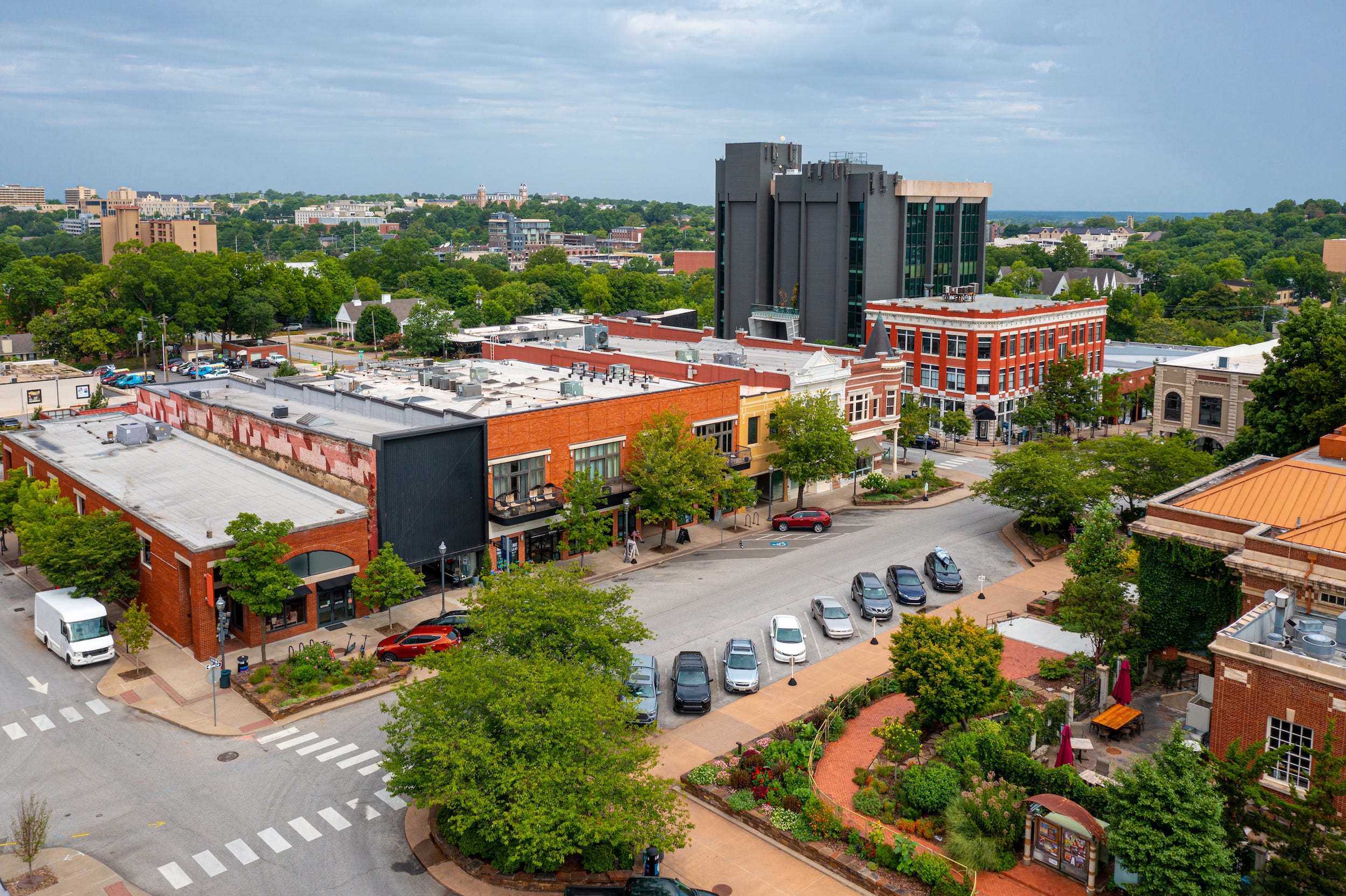 An aerial shot of downtown Fayetteville, Arkansas.