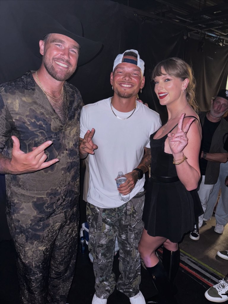 Kane Brown (center) performed at Travis Kelce’s (left) Tight Ends & Friends concert in Nashville, Tenn., and brought out superstar Taylor Swift for a duet.