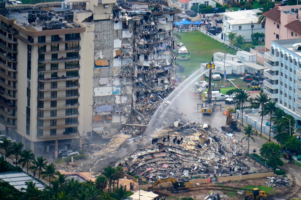 Aerial view of the Champlain Towers South condo building collapse in Surfside, Florida.