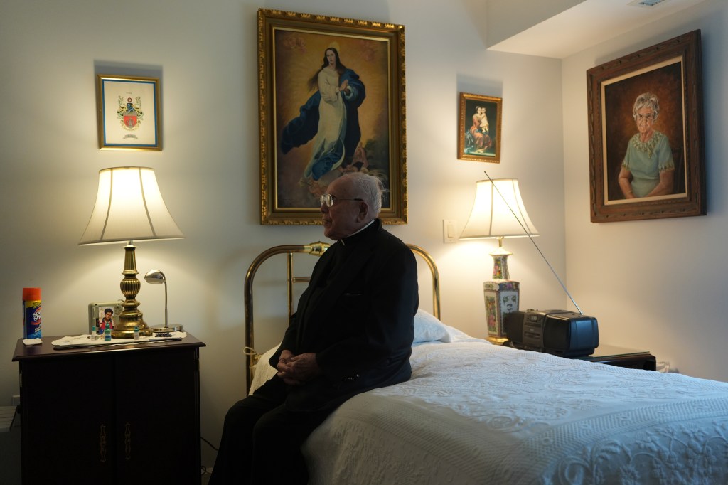 The Rev. James Kelly sits in his apartment in the Normandy Farms Estates retirement community in Blue Bell, Pa., on Wednesday, June 18, 2025. 