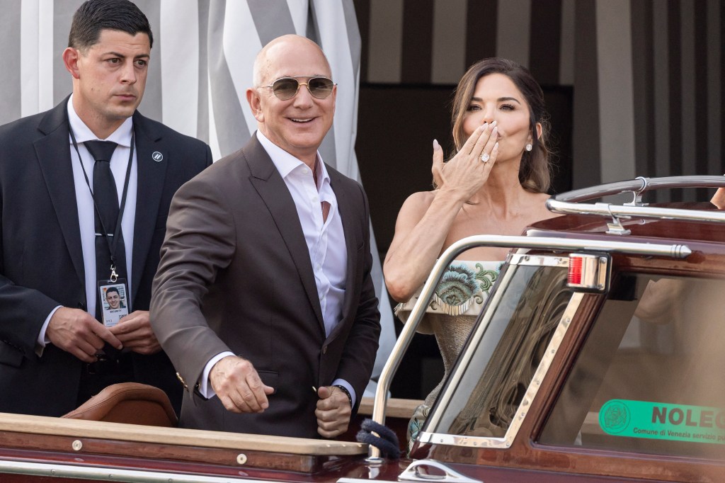 Jeff Bezos and Lauren Sanchez leave their hotel to going to Madonna dell