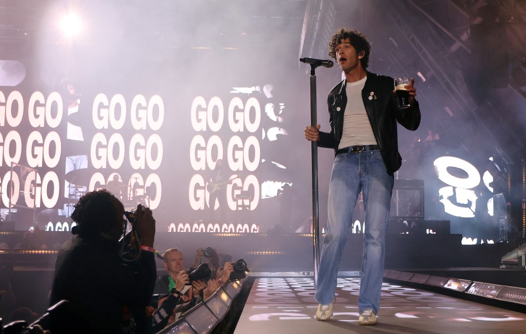  Matty Healy performs on the Pyramid Stage during day three of the Glastonbury Festival at Worthy Farm near Pilton, Somerset, Britain, 27 June 2025.