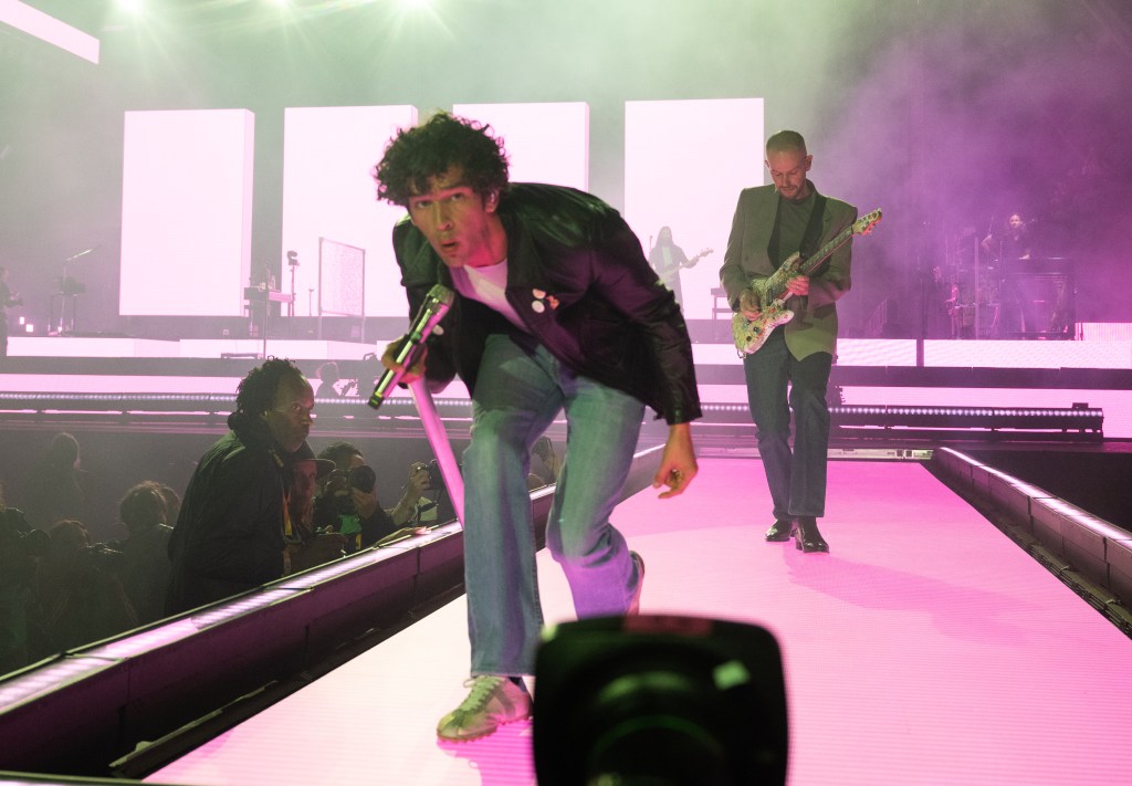 Matty Healy of The 1975 performs as the band headline the Pyramid stage during day three of Glastonbury festival 2025 at Worthy Farm, Pilton on June 27, 2025 in Glastonbury, England.