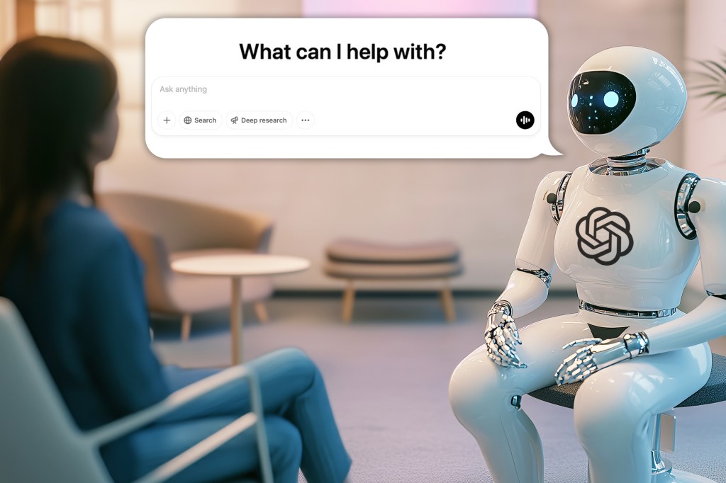 illustration with a white robot with a black face and two glowing eyes sitting across from a woman; there is a text bubble which reads what can i help with
