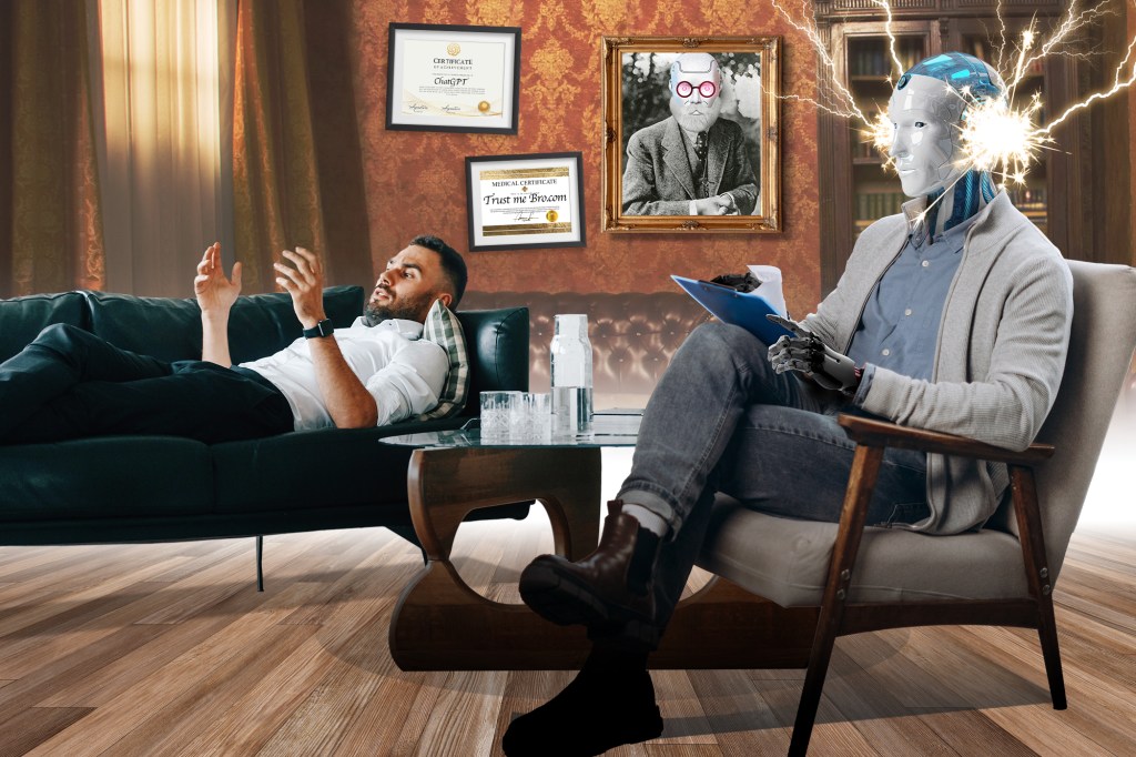 Illustration of a man in therapy with a robot therapist.