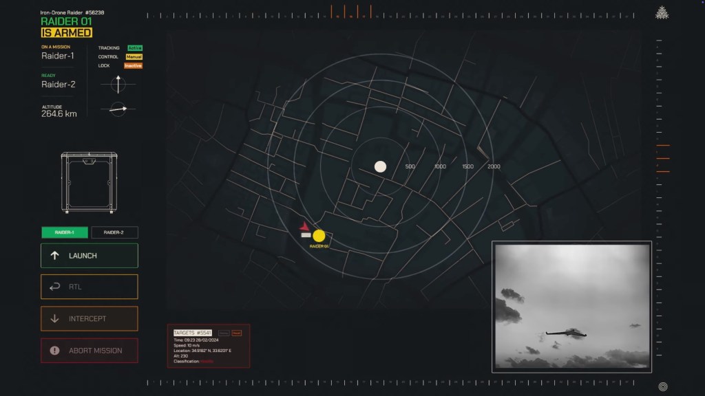 Iron Drone Raider system interface showing drone location and status.