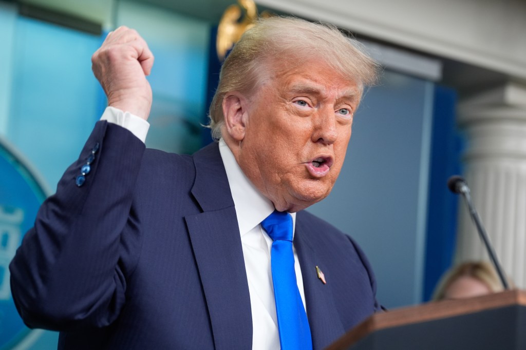 President Trump speaking at a press briefing.