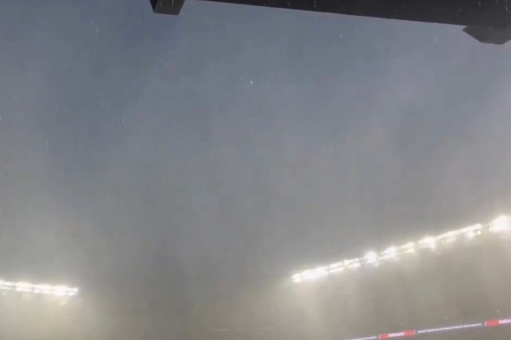 Heavy rain falls during a baseball game at Truist Park in Atlanta, Ga. on June 27, 2025.