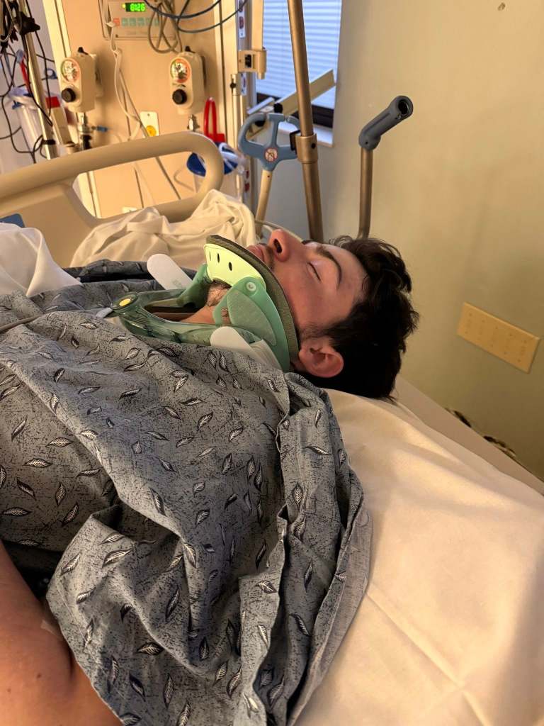 Aidan Sloan in the ICU with a neck brace after his diving injury on June 23, 2025.